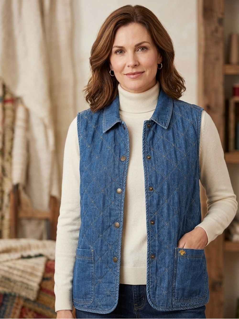 Susan Bristol Denim Quilted Vest in Blue